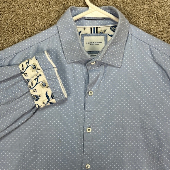 Denim & Flower by Ricky Singh Men Light Blue Dress Shirt Medium Dotted Flip Cuff